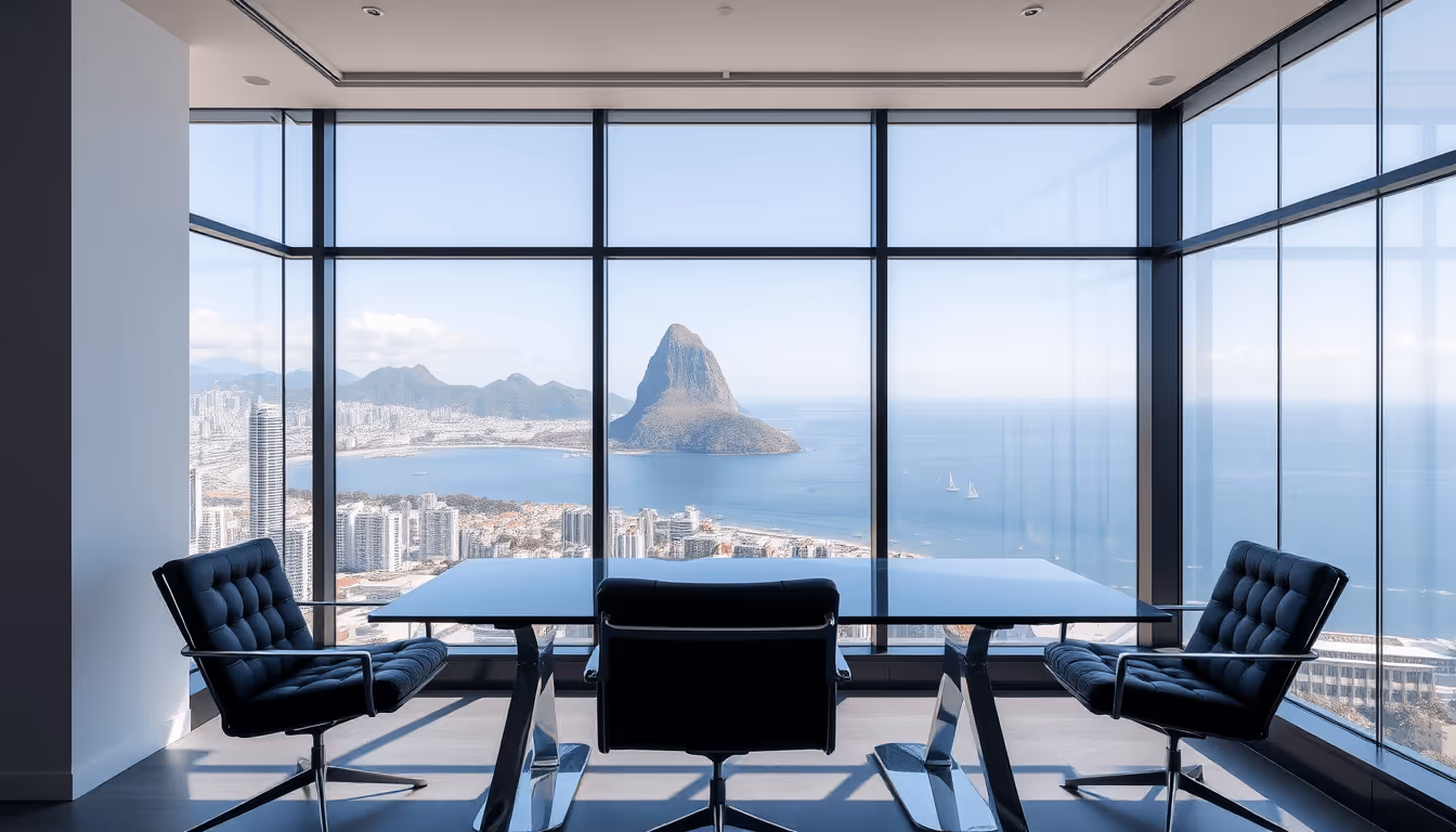 Sala de conferências moderna com três cadeiras pretas e uma mesa de vidro, com vista panorâmica para a baía, prédios e uma montanha ao fundo.