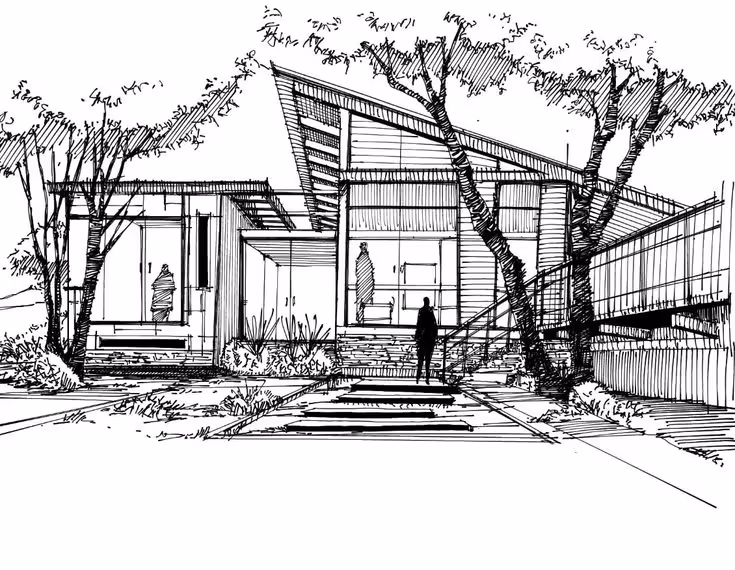 Desenho em preto e branco de uma casa moderna com grandes janelas, árvore frontal e uma pessoa em pé na escada de entrada.