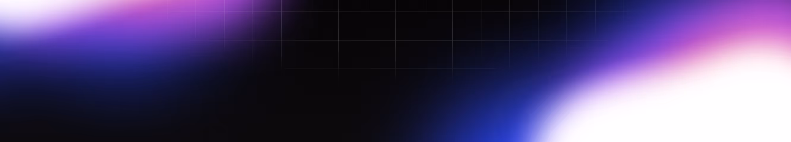 Fundo gradiente desfocado com tons de roxo, azul e branco e linhas de grade translúcidas.