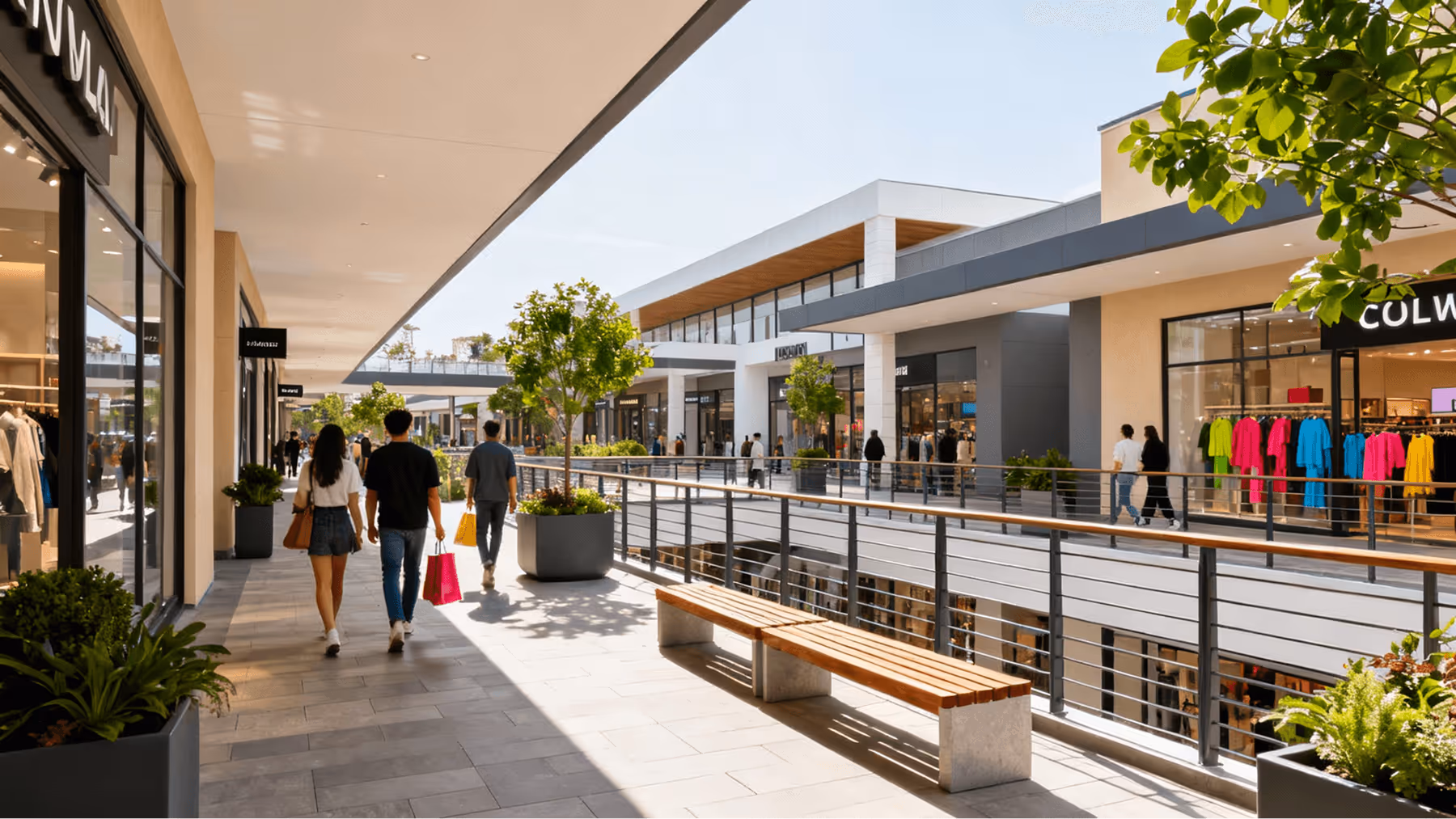 Casal caminhando com sacolas em um shopping ao ar livre moderno em um dia ensolarado.