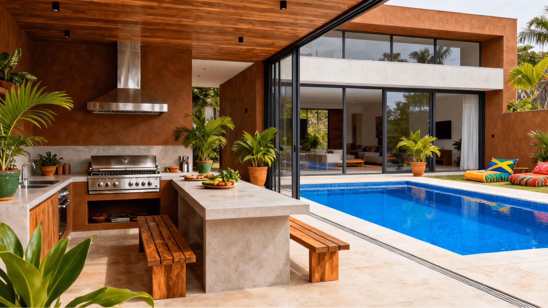 Cozinha externa moderna com bancada de pedra, bancos de madeira, churrasqueira embutida e vista para piscina azul e área de estar com plantas.
