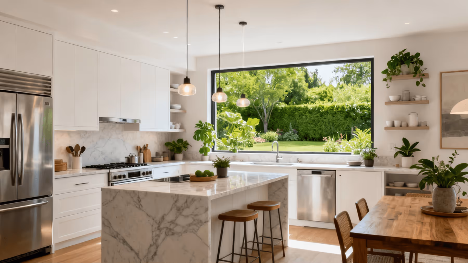 Cozinha moderna com armários brancos, ilha de mármore com banquetas, eletrodomésticos inox e grande janela mostrando jardim verde.