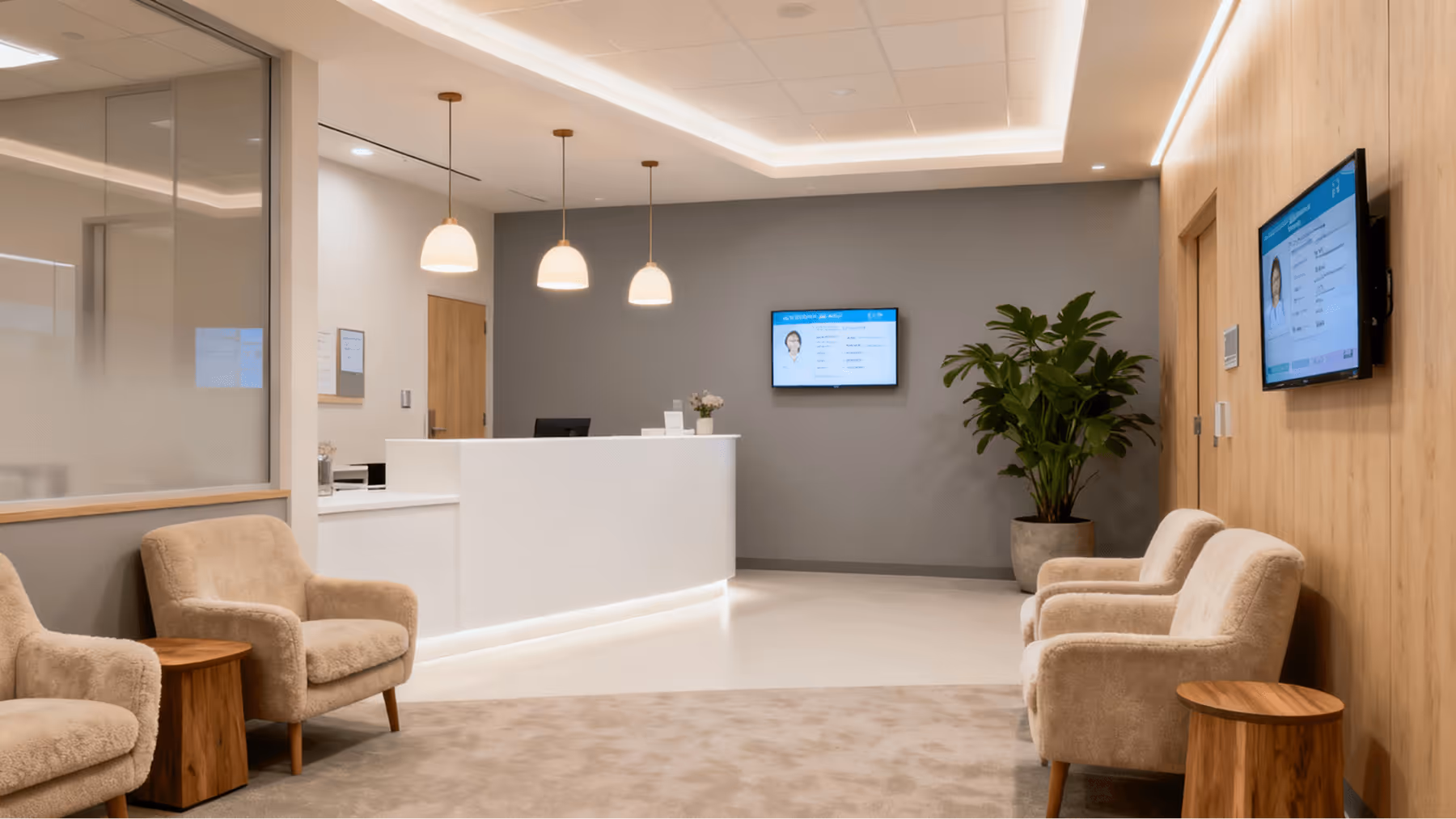 Sala de espera moderna com poltronas bege, mesas laterais de madeira, recepção branca, plantas e telas na parede.