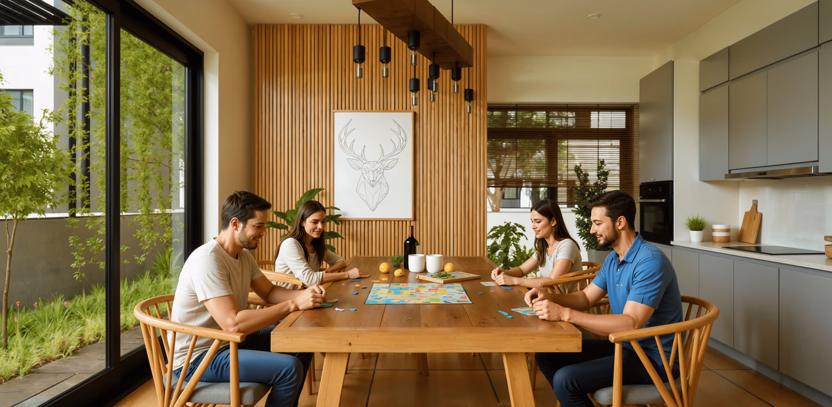 Quatro adultos sentados ao redor de uma mesa de madeira jogando um jogo de tabuleiro em um ambiente iluminado e moderno com janelas grandes e decoração com plantas.