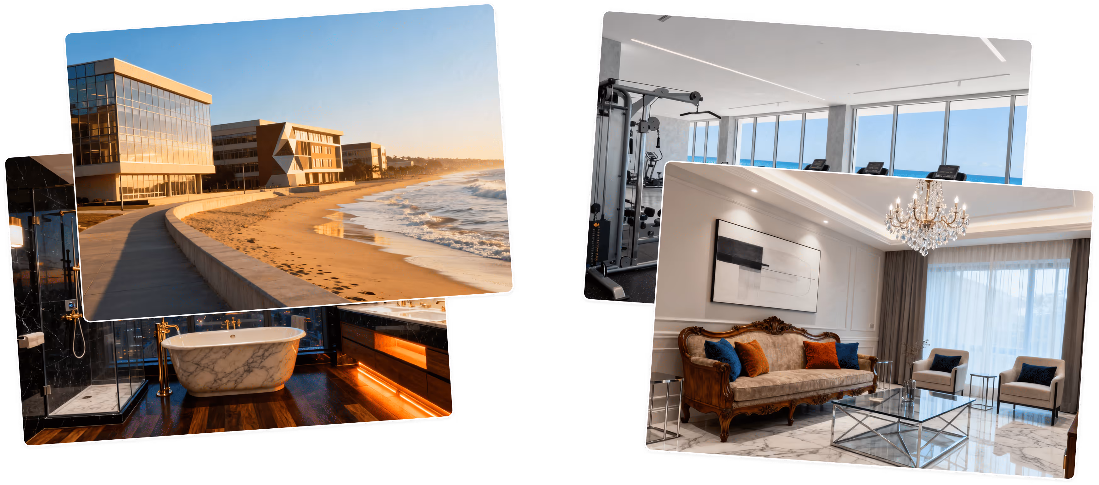 Colagem de fotos mostrando um prédio moderno à beira-mar, uma banheira de mármore em banheiro sofisticado, uma academia com vista para o mar e uma sala de estar elegante com sofá antigo e lustre de cristal.