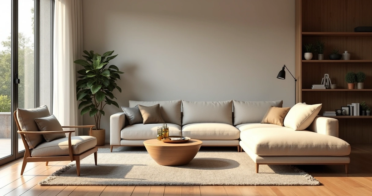 Ambiente residencial moderno renderizado em 3D com iluminação realista