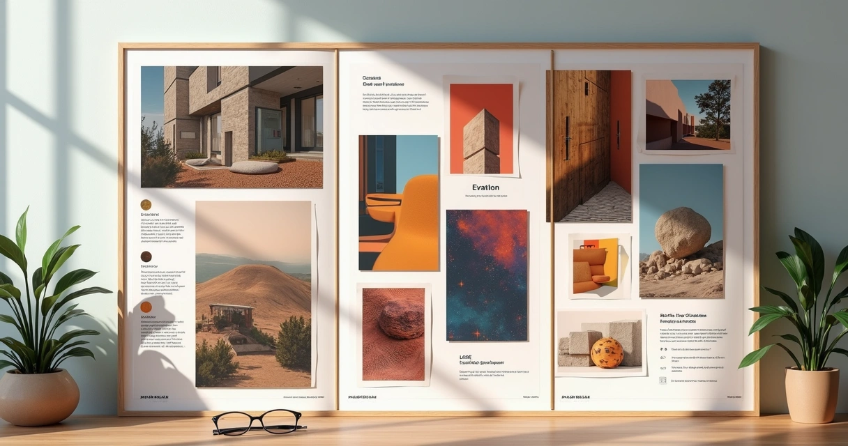 Moodboard com temas diversos, incluindo arquitetura, natureza e formas abstratas