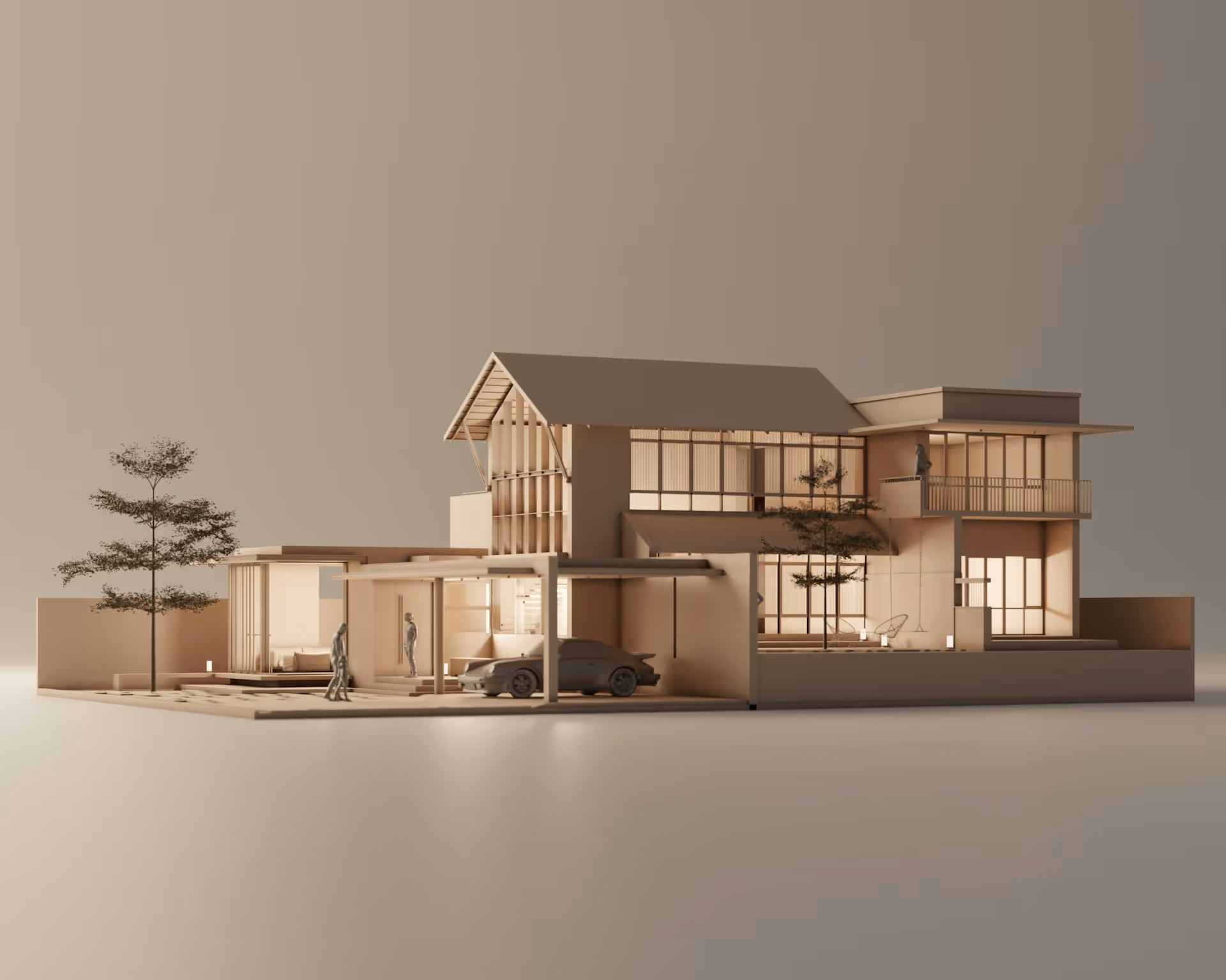Modelo 3D de casa moderna de dois andares com grandes janelas, garagem, árvores e figuras humanas.