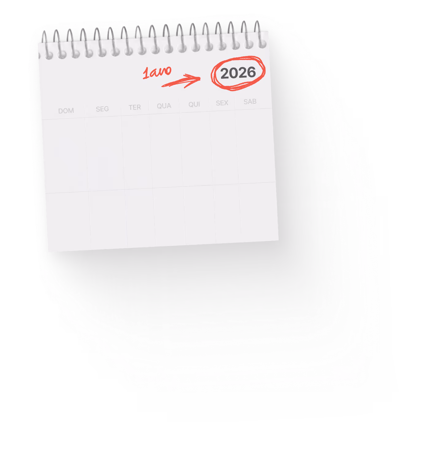 Calendário de mesa com anos de 2026 a 2030, destacando o ano 2026 com círculo vermelho e texto escrito '1avo'.